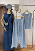 Denim Round Neck Pleated Back Tops with Trousers Sets